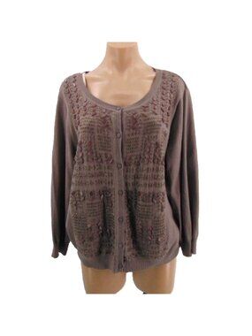Chicos Brown Beaded Cardigan 3 L Button Embellished New Ethnic Boho NWT